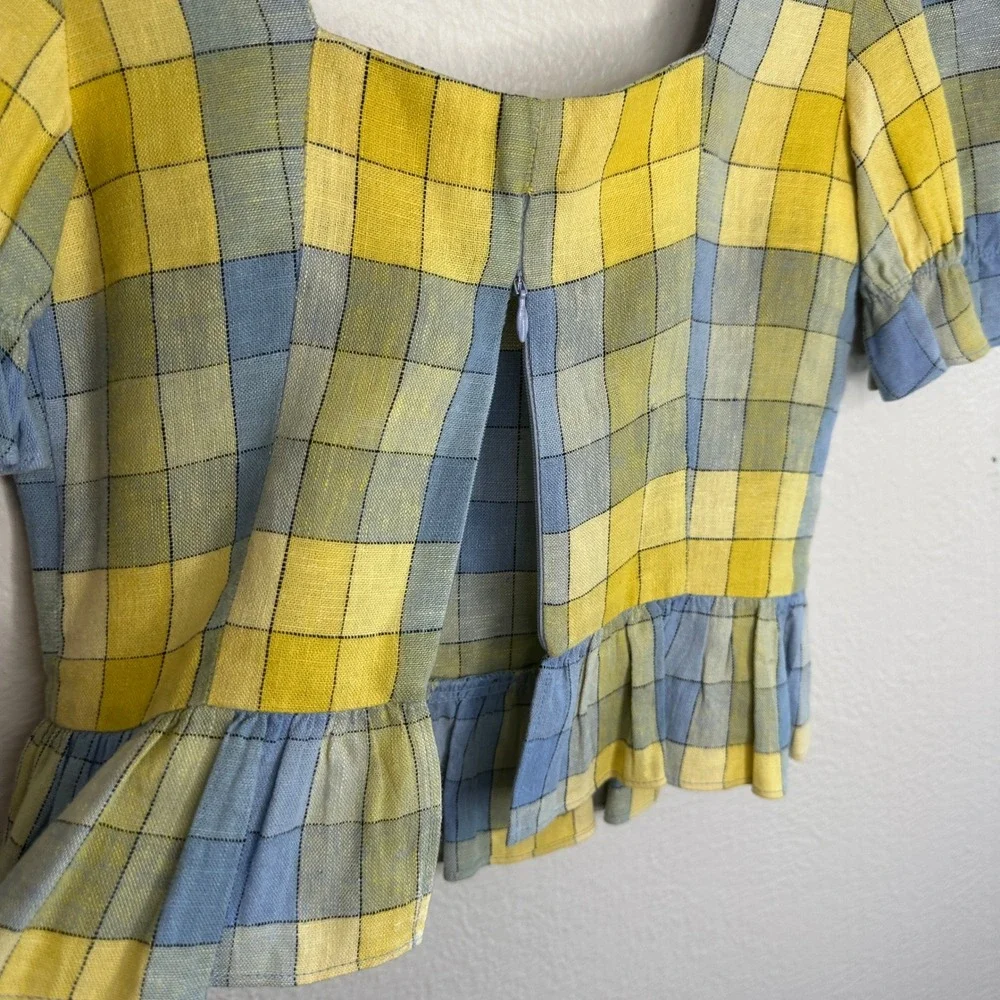 STAUD Dock Top in Coastal Blue Check Size 0 NWOT‎ Plaid Peplum Top Linen Blend
